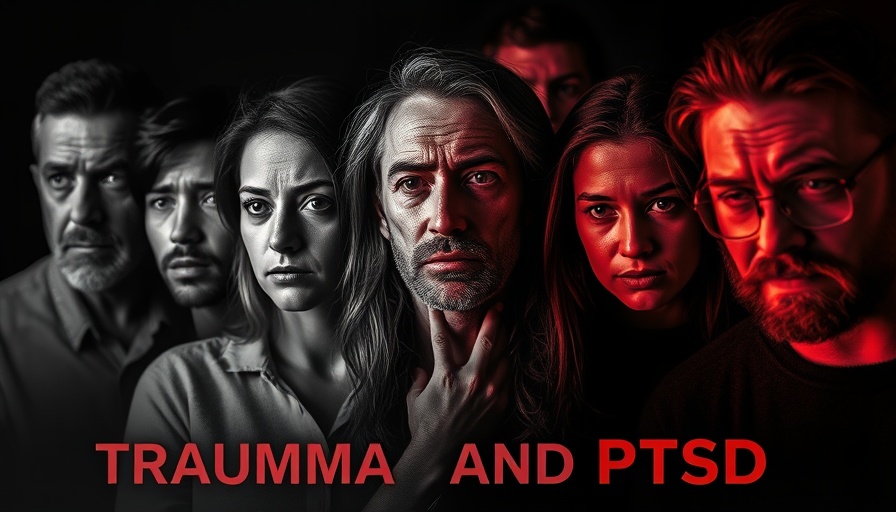 Collage highlighting trauma and PTSD effects on health, diverse expressions.