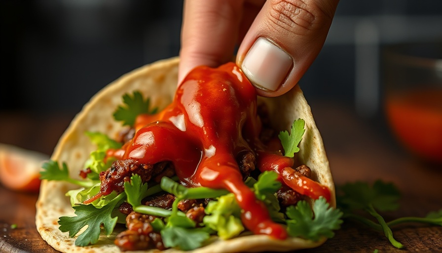 Delicious vegan birria taco being dipped into sauce.