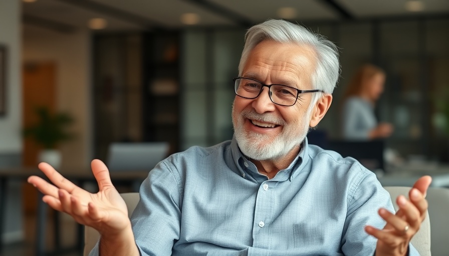 Older man smiling, discussing the root cause of all disease indoors.