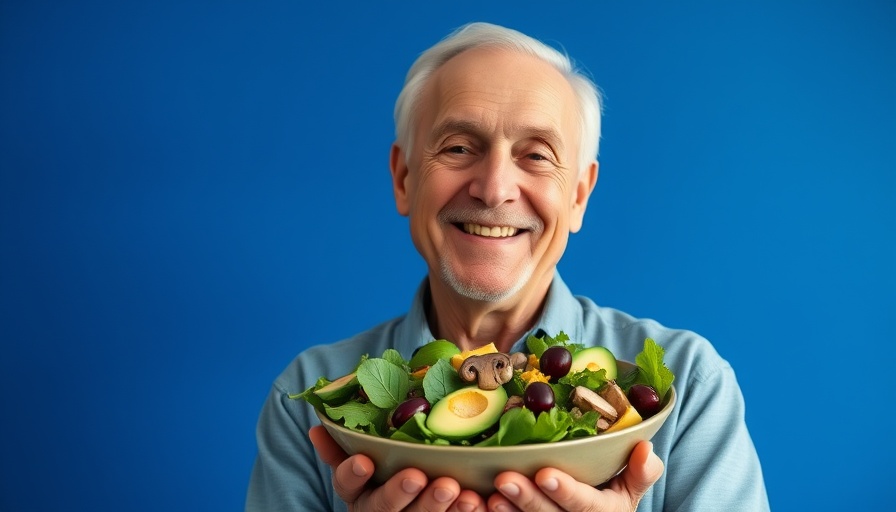 Healthy Diet for Longevity: Cheerful elderly man with fresh salad.