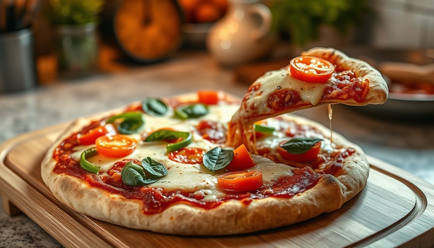 Homemade vegan pizza with toppings in a cozy kitchen.