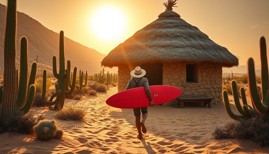 Person with surfboard by rustic hut in Mexican desert landscape.