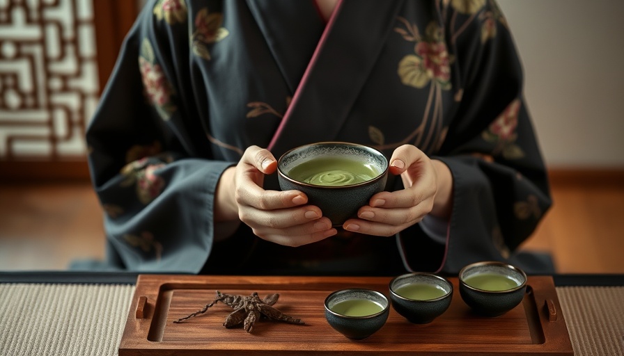 Intricate tea ceremony setup, woman with matcha, floral kimono