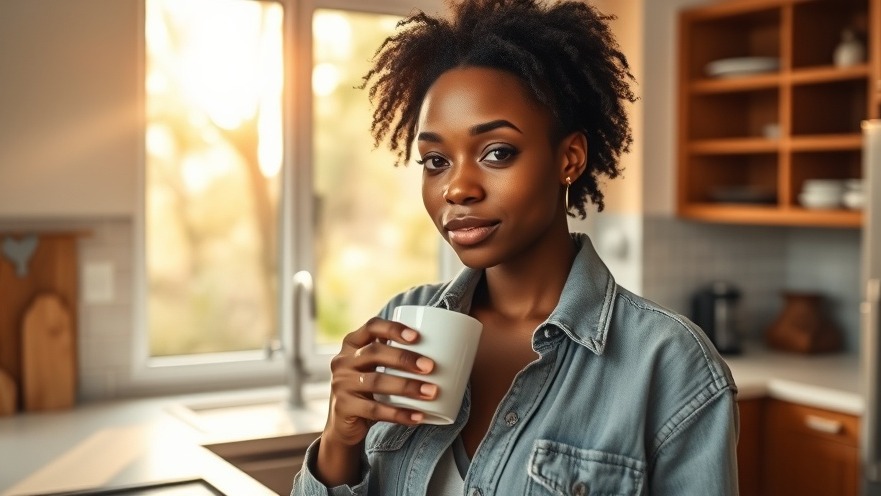 Casual Black woman enjoying coffee in a cozy kitchen, embodying mindfulness morning habits.