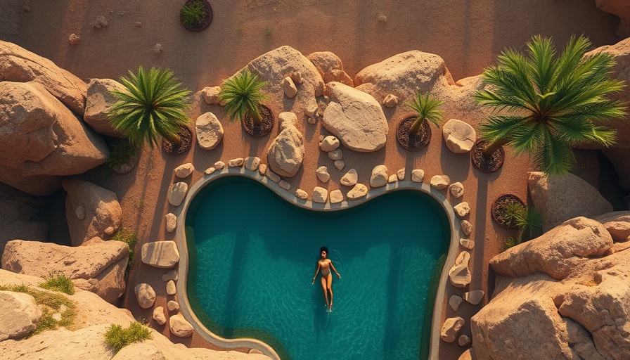 Aerial view of swimming pool in Arizona desert resort.