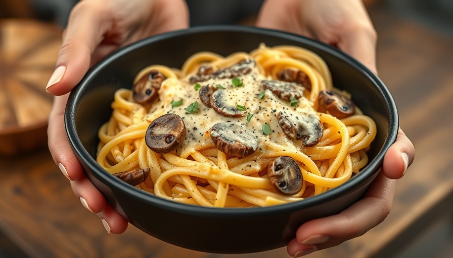 Cajun vegan mushroom Alfredo pasta served in a black bowl.