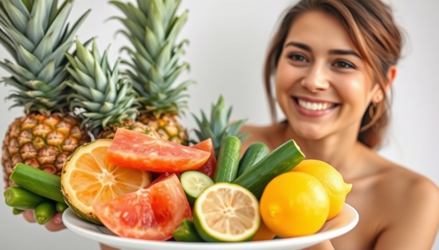 Assortment of natural foods for longevity with smiling woman.