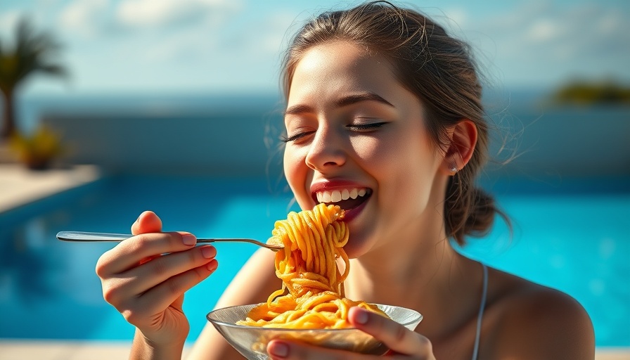 Young woman savors fresh summer pasta by the pool.