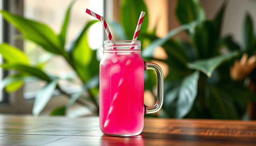 Bright pink beverage in a glass jar with a straw, natural setting.