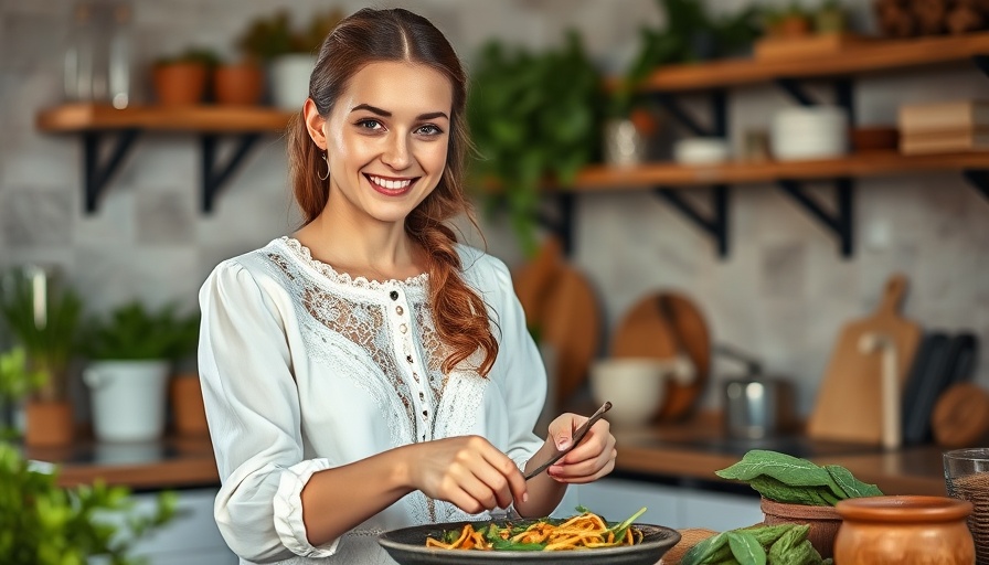 Woman preparing healthy meal in rustic kitchen.