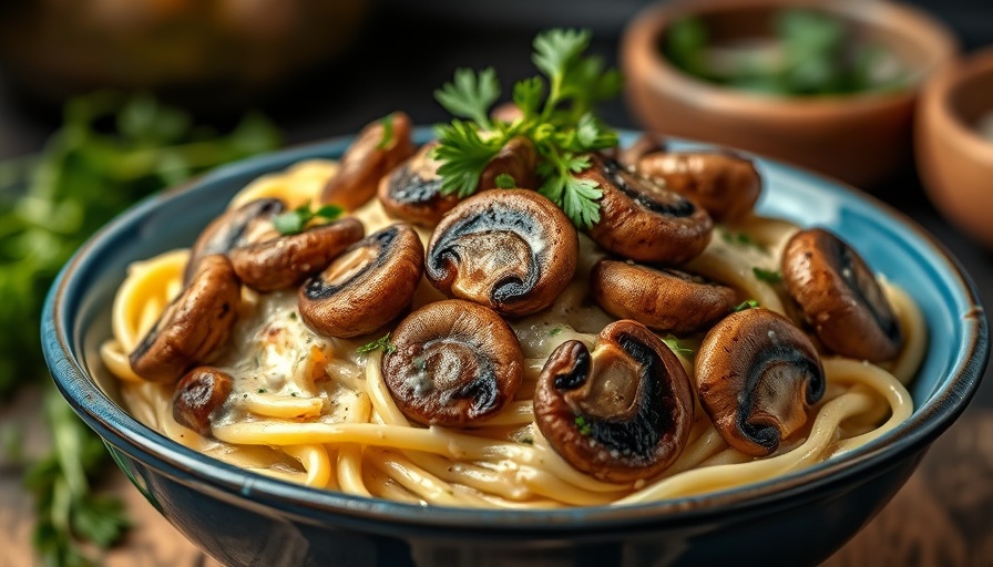 Vegan Cajun Mushroom Alfredo in a blue bowl, garnished with herbs.