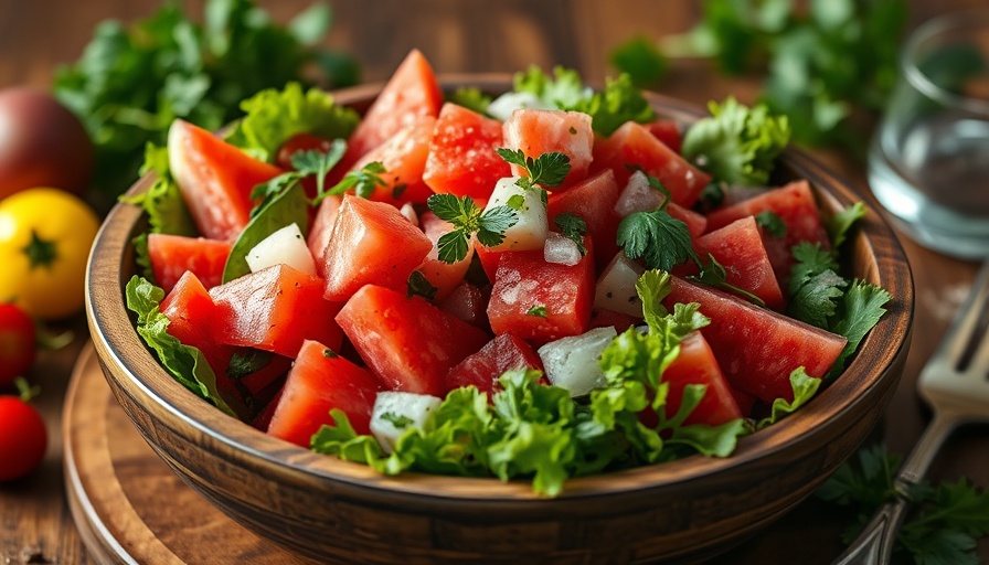 Fresh and colorful easy summer salad with watermelon and tomatoes.