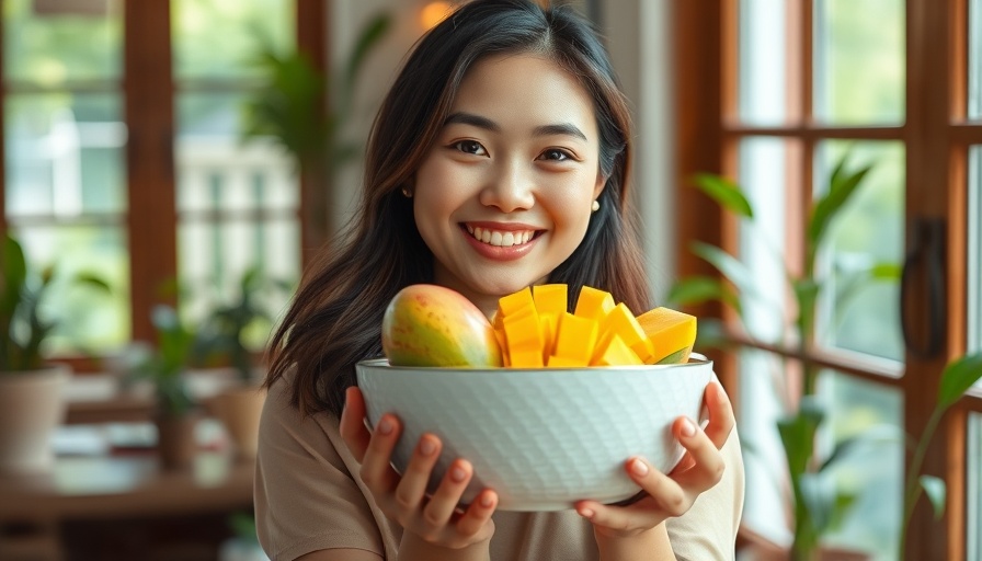 Smiling woman with bowl of mangoes promoting natural remedies for women's health.