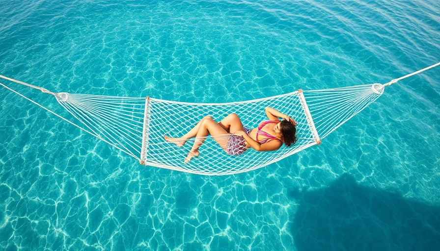 Couple on a hammock over turquoise waters in Maldives resort.
