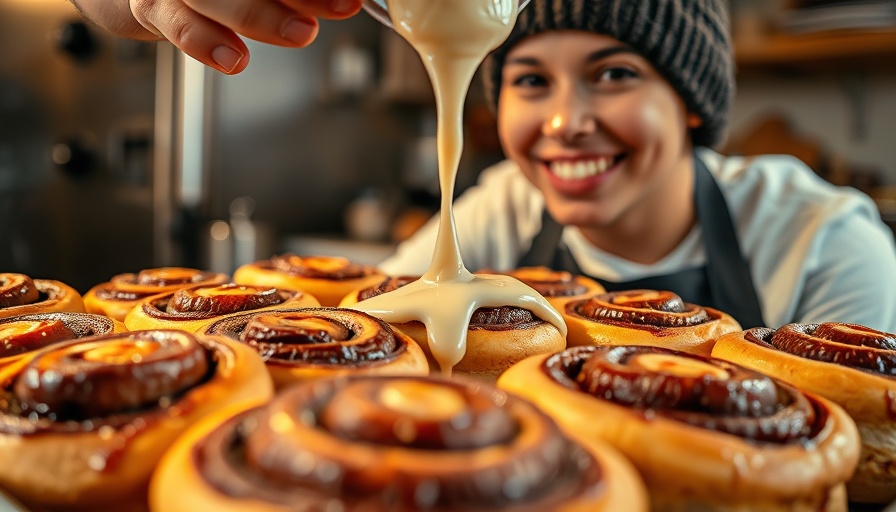 Smiling baker icing vegan protein cinnamon rolls in kitchen.