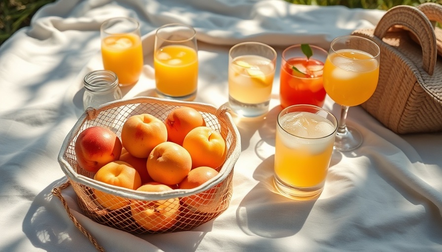 Sunlit summer picnic with peaches and drinks on a blanket