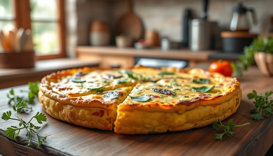 Delicious frittata on wooden table; Father's Day breakfast idea.