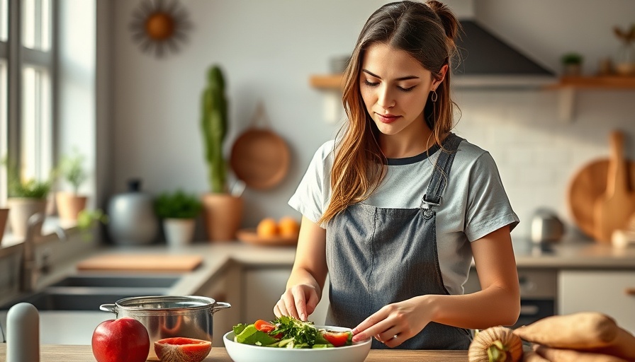 Woman preparing a meal focusing on daily protein intake in a modern kitchen.