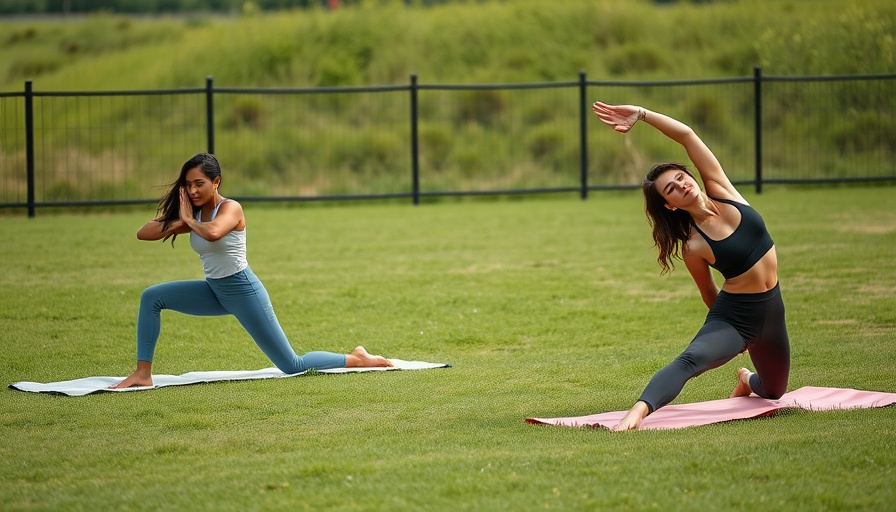 Two people practicing yoga for joint mobility after 60 in an outdoor setting.