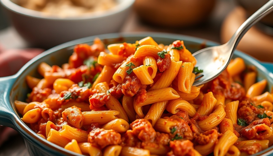 The Dreamiest Vegan Baked Ziti being served in a blue dish.