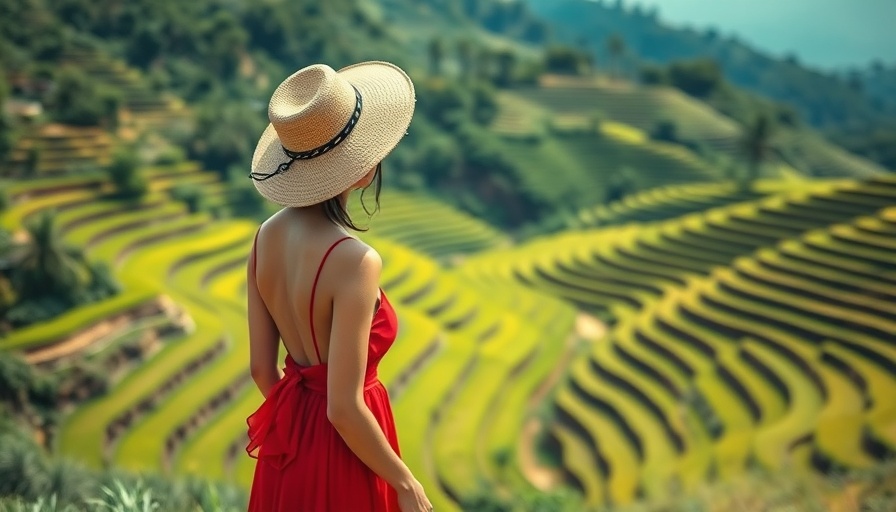 Woman embracing set-jetting travel trend in verdant rice terraces.
