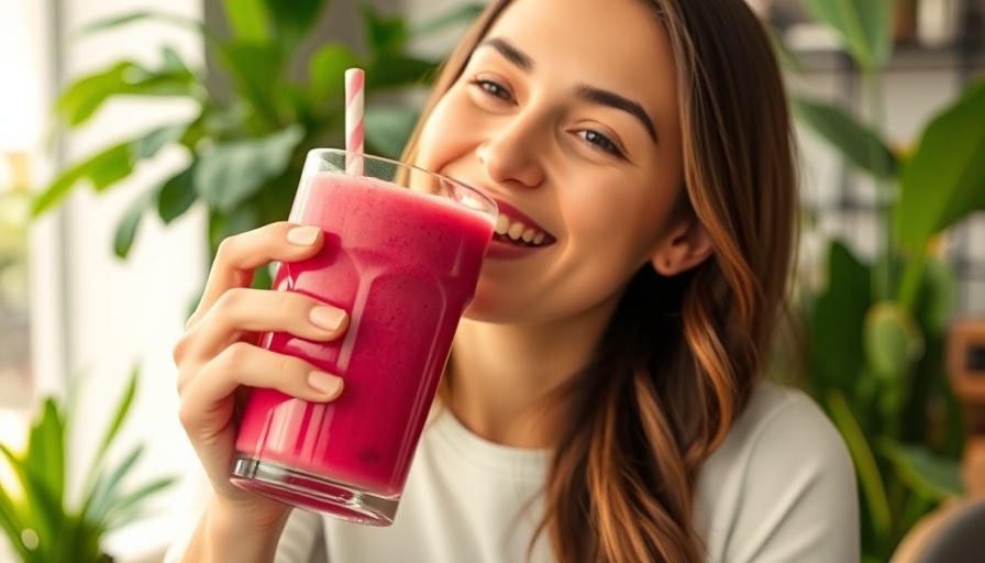 Women's health tips with a vibrant pink smoothie and smiling woman.
