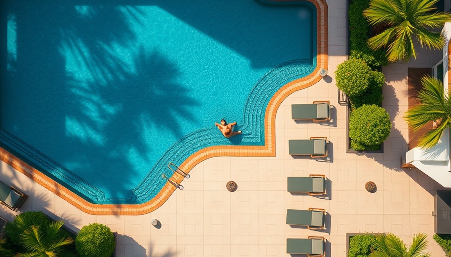 Aerial view of a pool at a health and wellness retreat in Florida, relaxing ambiance.