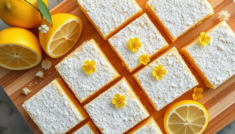Lemon bars topped with powdered sugar and yellow flowers, ideal for summer baking recipes.