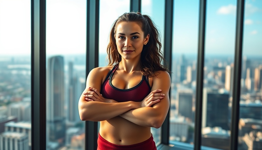 Confident woman ready for a 20 minute full body dumbbell workout with city view.