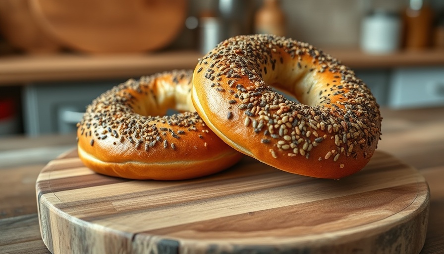 Simple two-ingredient bagels on wooden board with rustic kitchen backdrop.