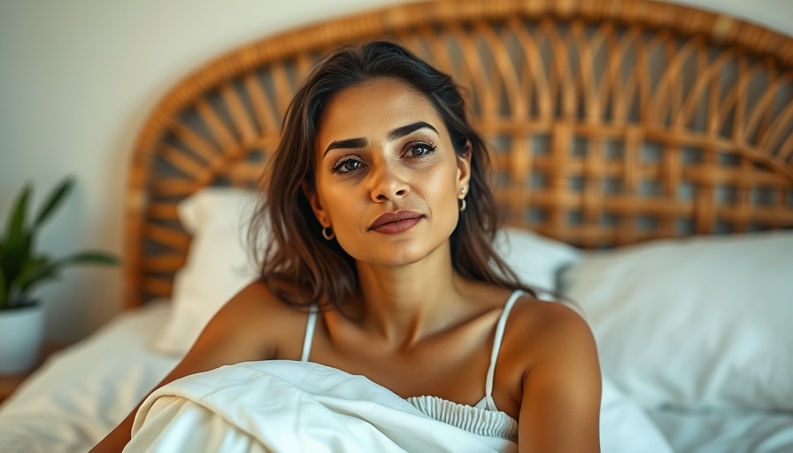 Serene woman relaxing in cozy bedroom with natural decor.
