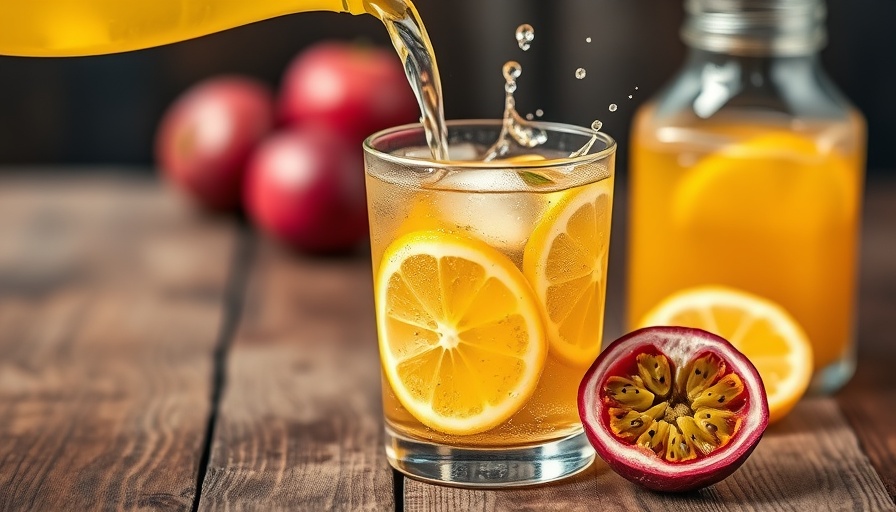 Vibrant passionfruit lemonade with lemon slices being poured