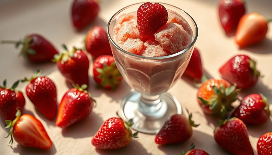 Strawberry sorbet in a glass with fresh strawberries nearby.