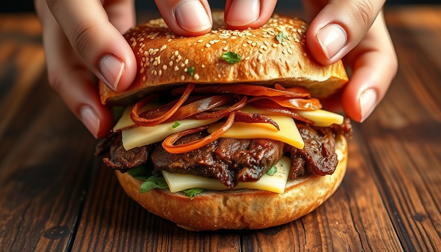 Mouth-watering vegan steak bagel being assembled with vegan steak and onions.