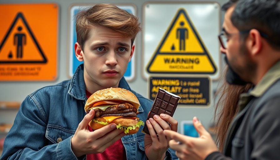 Two men discussing overweight and healthy lifestyle amidst warning signs.