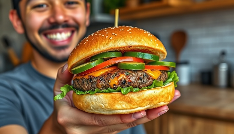 Spicy vegan jalapeño burger recipe held by person in kitchen.