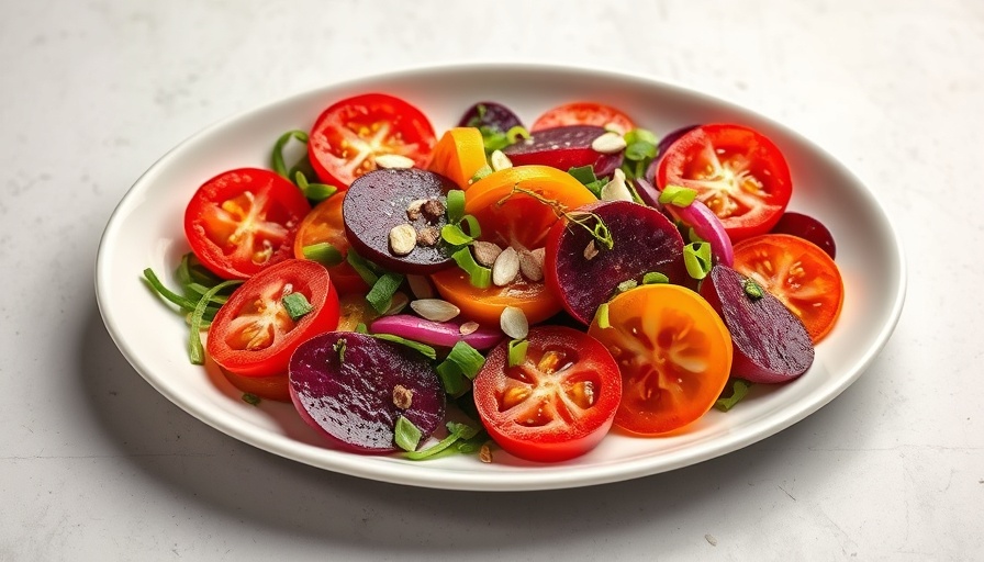 Colorful Rainbow Beet Salad Recipe with tomatoes and seeds on a plate.