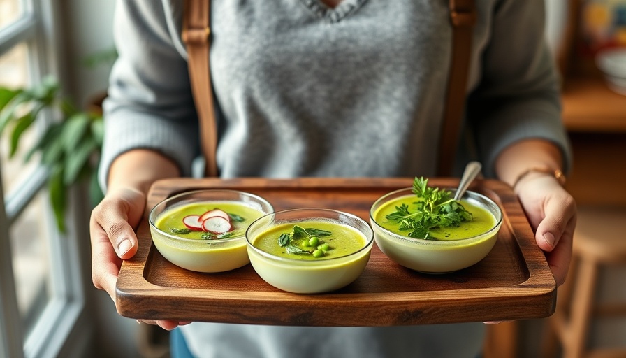 Spring pea gazpacho recipe with fresh garnishes on a tray.