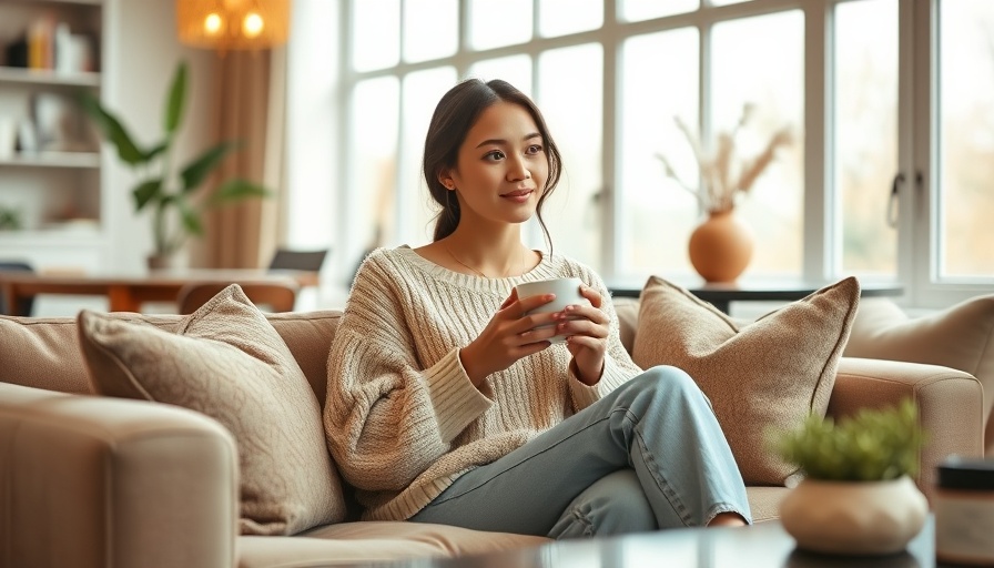 Young woman practicing grounding techniques with coffee, cozy indoor setting.