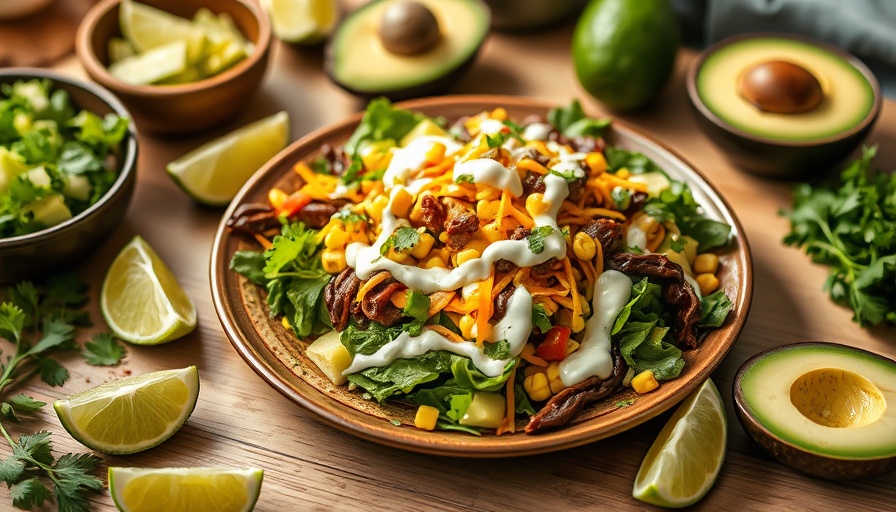 Clean-out-the-fridge taco salad with fresh toppings and garnishes.