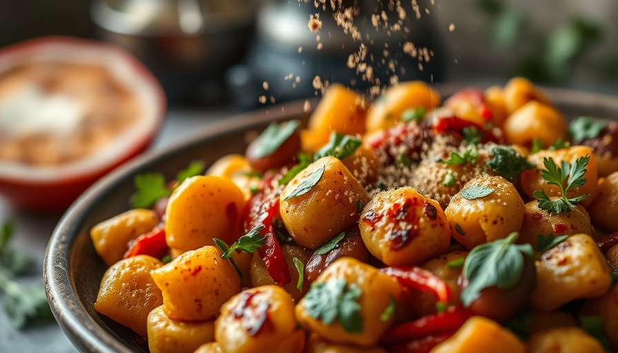 Vegan Cajun gnocchi dish seasoned in a rustic, one-pot setting.