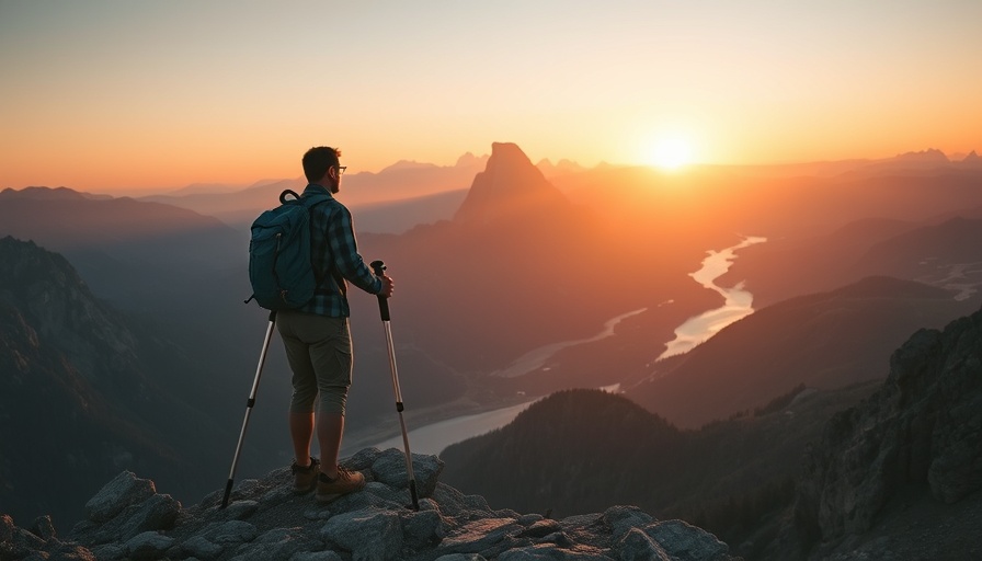 Hiker with crutches gazing at sunrise over mountains, accessibility tips for hikers with limited mobility.