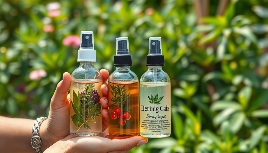 Herbal liquid in spray bottles in a garden backdrop for women's health tips.