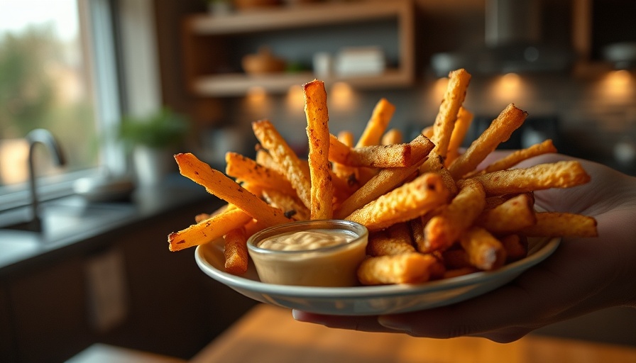 Cassava fries recipe with dipping sauce in modern kitchen.