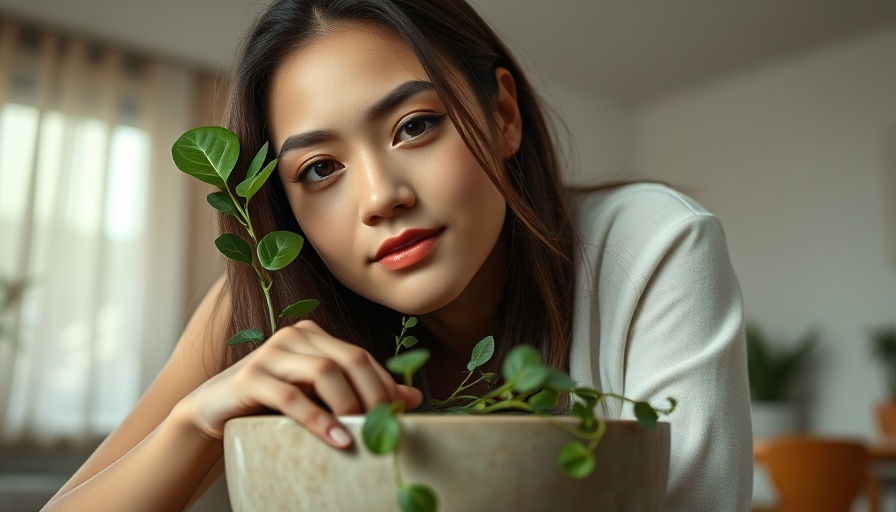 Young woman with plant accessory leaning over bowl, women's health tips.