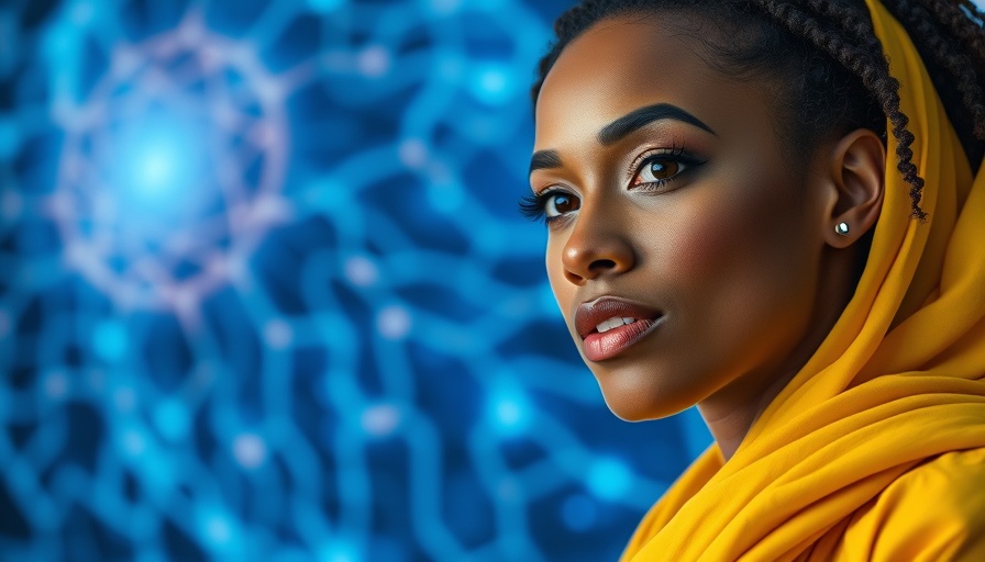 Confident woman discussing weight, skin, and hair health with neural background.