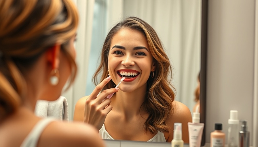 Woman over 50 enjoying natural teeth whitening in bathroom.