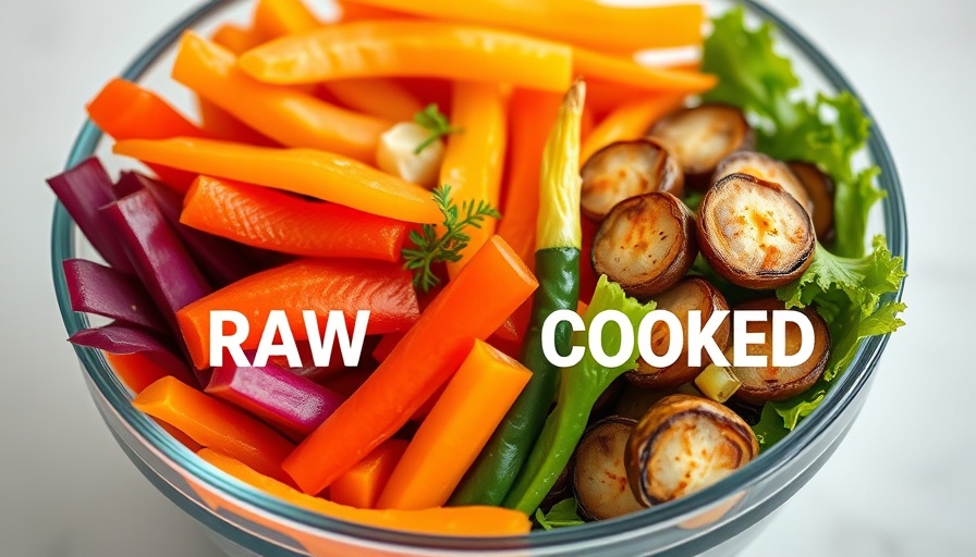 Raw vs Cooked Vegetables Health Benefits visual with man and vegetables.