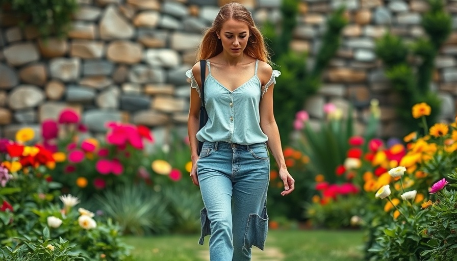 Casual summer outfit woman walking through a flower garden, inspired by celebrity stylists.