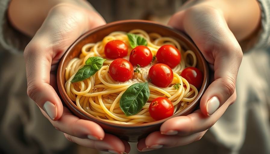 Easy one-pot pasta with cherry tomatoes and basil in rustic bowl.